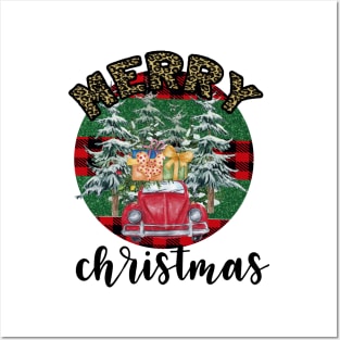 Merry christmas leopard buffalo plaid tree truck Posters and Art